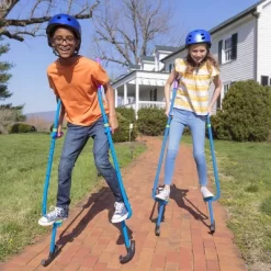HearthSong Adjustable Ergonomic Amazing Feats Kids Stilts With Treaded Foot Rests, Arced Feet, And Foam Handles, Blue