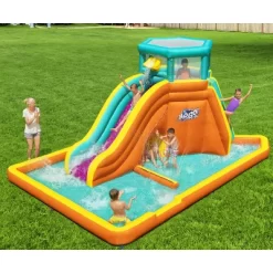Bestway H2OGO! Tidal Tower Kids Backyard Giant Inflatable Outdoor Water Slide Sprinkler Wall Mega Water Park With Quick Inflating Blower & Storage Bag