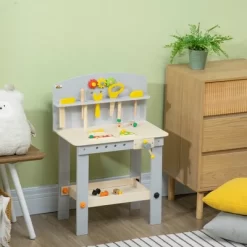 Qaba Wooden Kids Tool Bench With 31 Piece Kids Tool Kit, Workbench Playset, Construction Work Shop Toy For Girls And Boys Ages 3-6 With Storage Shelf