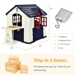 Costway Kid's Playhouse Games Cottage W/ 7 PCS Toy Set & Waterproof Cover