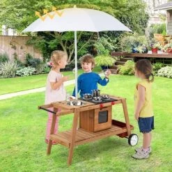 Costway Kid's Play Trolley Outdoor Wooden Kids Play Cart With Sun Umbrella For Toddlers 3+